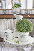 Houseplant and enamel jug on decorative side table 