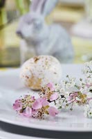 Detail of cut flowers and eggs on plate - Easter decoration