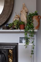 Trailing plant in terracotta pot on mantelpiece with ornaments 