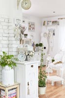 House plants and white furniture in country living room 