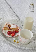 Tray with cake and milk on bed - detail 