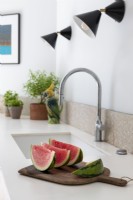 Slices of watermelon on kitchen worktop next to sink 