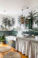 Modern country bathroom with tropical scene mural on wall
