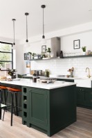 Contemporary kitchen with green cupboards, island, pendants, and crittall style windows