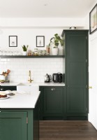 Contemporary kitchen with green cupboards, island and brass taps.