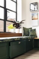 Green Window bench with storage and crittall windows