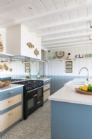 Modern country style kitchen in blue and white coastal cabin