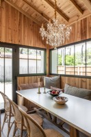 Wooden modern country dining room with built-in seat