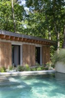 Swimming pool next contemporary wooden house in woodland
