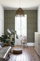 Wicker chair and lampshade in modern living room