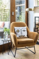 Mustard brown modern armchair and quirky cushion
