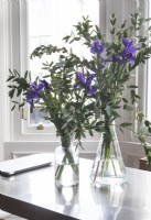 Purple irises in glass vases - detail