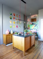 Modern kitchen filled with colourful artwork