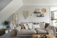 Macrame wall decoration in modern living room - neutral tones