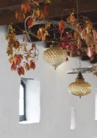 Leaves decorating pendant lights with vintage glassware