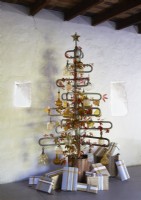 Salvaged metal turnstile reused as a Christmas tree