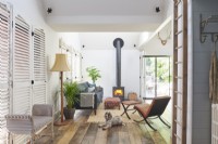 Pet dog in barn style living room