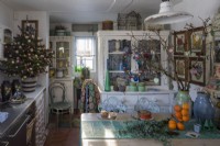 Vintage cottage kitchen decorated for christmas