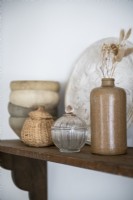 Rustic ceramics on wooden shelf - detail 
