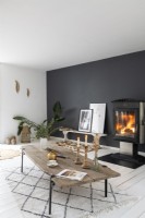 Lit wood burning stove in monochrome living room
