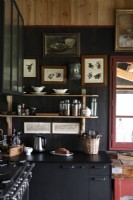 Black painted walls and cabinets in country kitchen