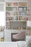 Childrens white desk unit with shelves and pink desk chair
