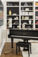 Black piano and stool in front of bookcase.