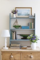 Blue painted shelf unit on wooden chest of drawers