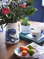 Blue and white marine inspired flower vase and cups