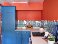 Blue units and sea inspired tiles in modern kitchen