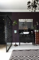Bathroom with walk-in shower, mirrors and black vanity