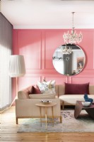Living room with pink wall panelling