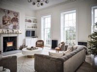 Muted tones themed living room with fireplace