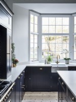 Black kitchen units and decorative house plants in front of large window