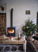 Country living room featuring Christmas decorations, stacked logs and a wood burning stove