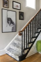 Zebra print stair carpet in modern hallway