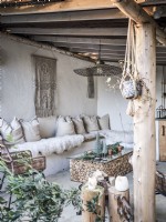 Retro outdoor living space in neutral tones