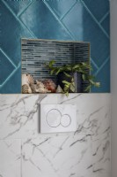 Detail of recessed lighting in shower niche and toilet flush plate tiled mix; mosaic, marble and teal tiles
