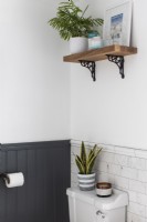 Detail of bathroom corner panelling and marble tiles shelf with plants