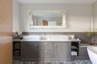Modern bathroom with grey panelling and patterned tiles