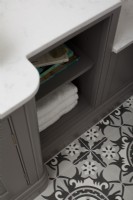 Detail of vanity unit storage and patterned tiles