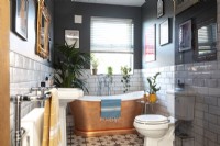 Family bathroom with painted copper bath, chrome taps, metro tiles and victorian style floor tiles. Classic, eclectic.