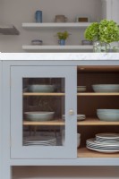 Close up of glazed, shaker style Devol kitchen cabinet