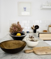Detail of marble kitchen worktop with accessories.