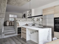 Open plan kitchen diner with marble island unit