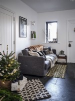 Nordic living room featuring sofa and Christmas tree