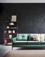 Green sofa against mottled grey wall with freestanding shelves