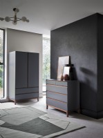 Grey chest of drawers against grey feature wall in modern room