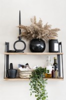 Details of wall mounted shelf in a modern kitchen with accessories