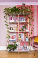 Freestanding gold coloured shelving unit with accessories